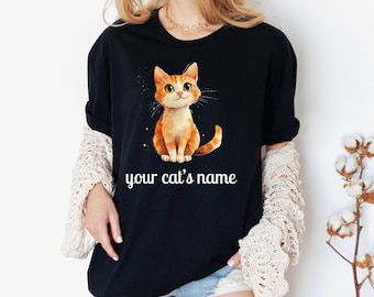 Gepersonaliseerde oranje gestreepte kat-T-shirt | Gember kattenshirt op maat met naam | Aangepast oranje T-shirt met kattennaam | Gepersonaliseerd T-shirt Ginger Cat Mom Dad