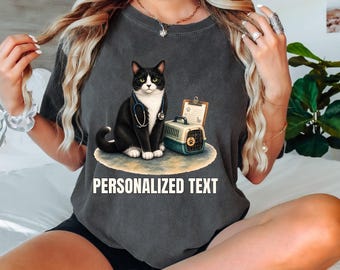 Comfort Colors® Personalized Tuxedo Cat Vet Tech Shirt, Custom Veterinary Technician Name Tee, Black And White Animal Care Top