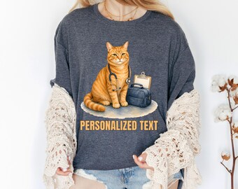 Personalized Ginger Nurse Cat Shirt, Custom Healthcare Kitty Name Tee, Orange Tabby RN Apparel Gift Idea, Caregiver Appreciation T-Shirt