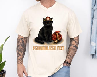 Comfort Colors® Personalized Black Firefighter Cat Shirt, Custom Fire Rescue Kitty Tee, Midnight Cat Hero Gift Top, Rescuer Squad T-Shirt