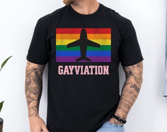 Gayviation Rainbow Plane Shirt For LGBTQ Travel Fans, Funny Aviator Tee With Retro Pride Graphic, Gay Pilot Pride T-Shirt, Queer Weekend Top