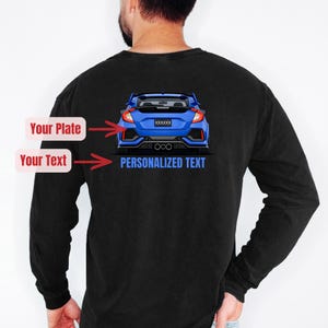 Camiseta Comfort Colors® 6014 FK8, com estampa personalizada do Honda Civic nas costas, presente personalizado Type R para ele, camiseta de manga comprida masculina com estampa do carro FK8 modificado.