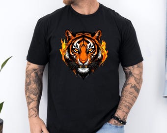 Fire Tiger T-Shirt | Fierce Animal Graphic Tee | Elemental Spirit Tiger Shirt | Alpha Beast Graphic Tee | Tattoo Tiger Shirt | Myth Fire Tee