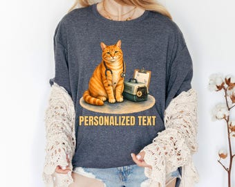 Personalized Ginger Cat Vet Tech Shirt, Custom Veterinary Feline Name Tee, Orange Tabby Animal Care Top, Customize Wording For Clinic Staff