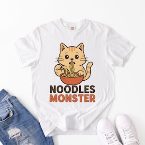 Comfort Colors® Noodles Monster Shirt | Cute Cat Eating Noodles Tee | Funny Food Lover Tshirt | Kawaii Ramen Cat Shirt | Funny Cat Lover Top
