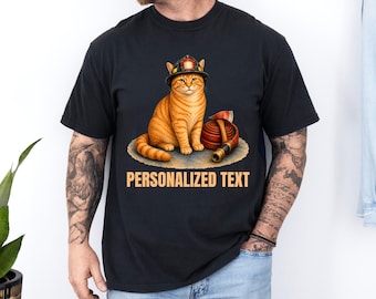 Comfort Colors® Personalized Ginger Firefighter Cat Shirt, Custom Fire Rescue Kitty Tee, Orange Tabby Hero Gift Top, Brave Rescuer Animal