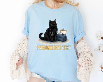 Personalized Black Nurse Cat Shirt, Custom Healthcare Kitty Name Tee, Midnight Feline Caregiver Top, RN Appreciation T-Shirt For Women