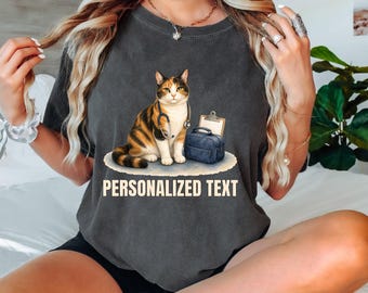 Comfort Colors® Personalized Calico Nurse Cat Shirt, Custom Caregiver Kitty Name Tee, Cute RN Appreciation Gift T-Shirt