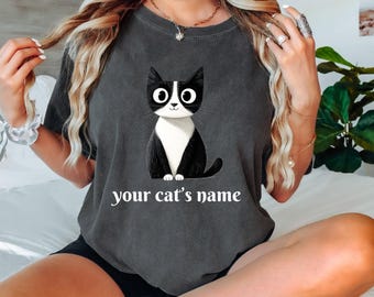 Comfort Colors® Custom Tuxedo Cat Shirt with Pet Name | Personalized Cat Lover Tee | Cute Tuxedo Cat Owner Tee | Custom Cat Name Graphic Tee
