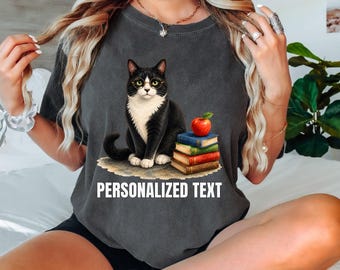 Comfort Colors® Personalized Tuxedo Educator Cat Shirt, Teacher Appreciation Feline Gift Idea, Back To School Tutor Name T-Shirt