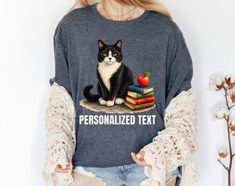 Personalized Tuxedo Educator Cat Shirt, Teacher Appreciation Feline Gift Idea, Back To School Tutor Name T-Shirt, Black And White Kitty Top