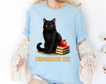 Personalized Black Educator Cat Shirt, Teacher Appreciation Kitty Name T-Shirt, End Of Year Mentor Present Tee, Black Cat Gift For Tutor