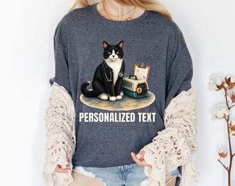 Personalized Tuxedo Cat Vet Tech Shirt, Custom Veterinary Technician Name Tee, Black And White Animal Care Top, Everyday Vet Med Pride Shirt
