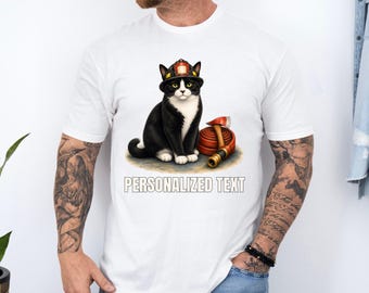 Personalized Tuxedo Firefighter Cat Shirt, Custom Fire Rescue Kitty Tee, Black And White Hero Gift Top, Milestone Present For Rescuer Squad