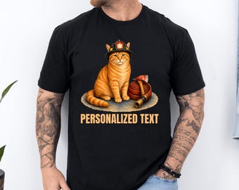 Personalized Ginger Firefighter Cat Shirt, Custom Fire Rescue Kitty Tee, Orange Tabby Hero Gift Top, Brave Rescuer Animal T-Shirt