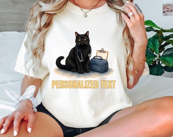 Comfort Colors® Personalized Black Nurse Cat Shirt, Custom Healthcare Kitty Name Tee, Midnight Feline Caregiver Top, RN Appreciation T-Shirt