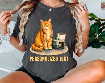 Comfort Colors® Personalized Ginger Cat Vet Tech Shirt, Custom Veterinary Feline Name Tee, Orange Tabby Animal Care Top