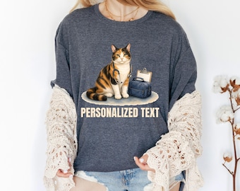 Personalized Calico Nurse Cat Shirt, Custom Caregiver Kitty Name Tee, Cute RN Appreciation Gift T-Shirt, Thoughtful Staff Thank you Top