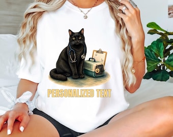 Comfort Colors® Personalized Black Cat Vet Tech Shirt, Custom Veterinary Assistant Kitty Tee, Animal Hospital Name Gift Top