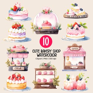 Lot de 10 cliparts PNG mignon aquarelle pastel avec gâteau aux fraises pour impressions et travaux manuels