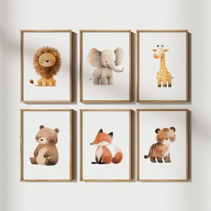 Set 6 of Playful Safari animal Nursery wall art prints, Digital nursery art, Baby animal prints, Nursery artwork, kids room wall art