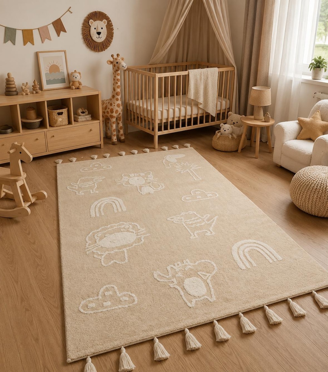 Neutral Nursery Rug With Safari Animals Scandinavian Kids Room Decor İn ...
