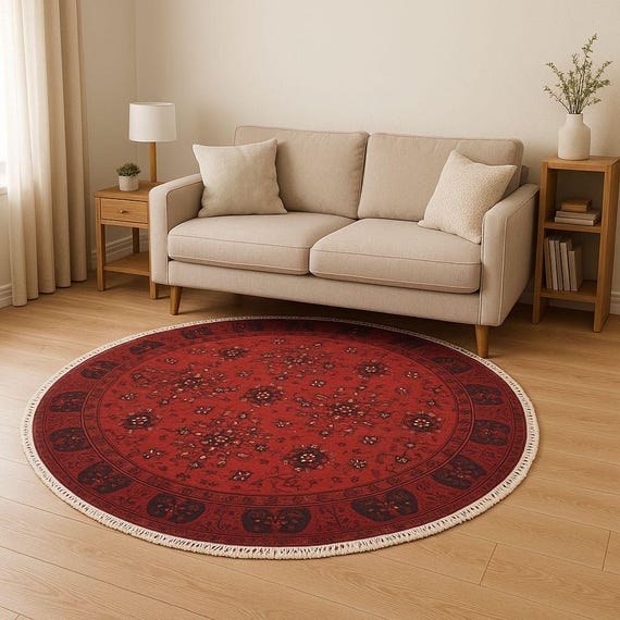 Ethnic Red Turkmen Rug: Round Wool Afghan Carpet, 5x5
