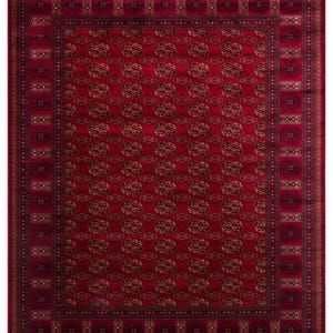 May include: A rectangular red rug with an intricate pattern. The rug features a central field of repeating floral motifs in shades of brown and gold, framed by a detailed border with geometric designs. The overall design is symmetrical and traditional.