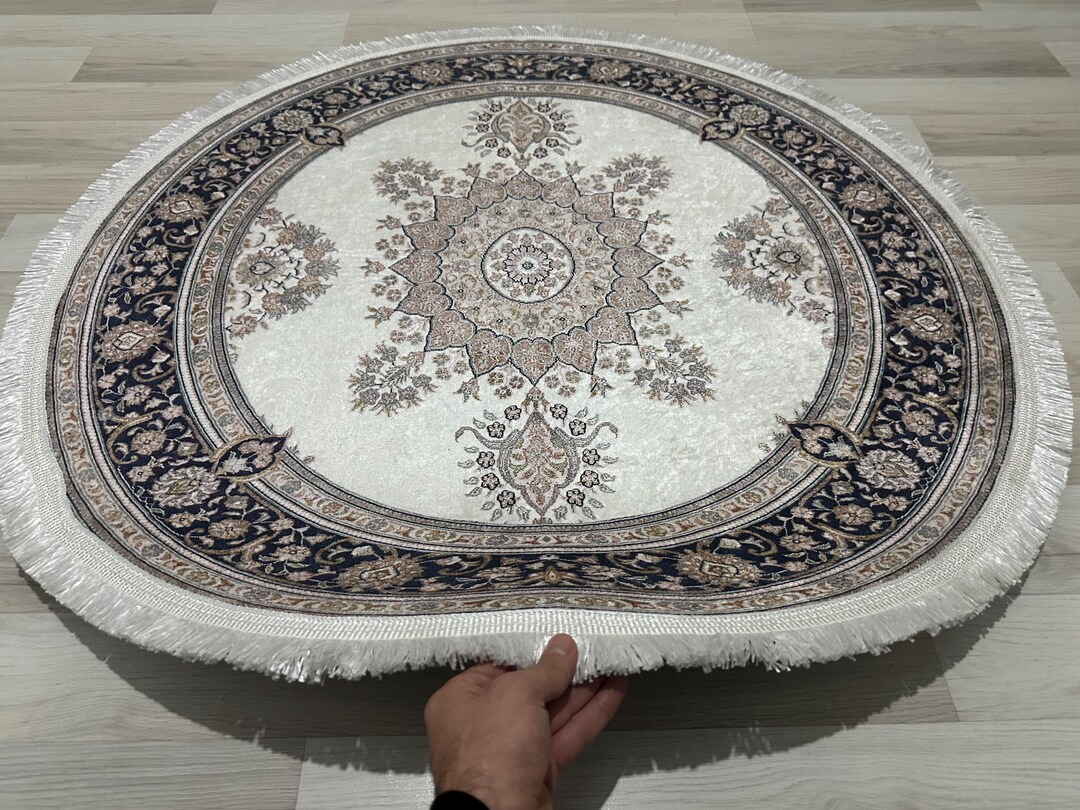 3.3x3.3 Ft Cream Traditional Design Round Rug, Turkish Washable Area ...