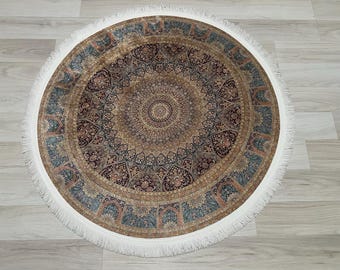Washable Round Oriental Rug, Vintage Style Circle Carpet, Boho Living Room Carpet, 2.6x2.6 Ft Small Round Rug, Traditional Design Brown Rug