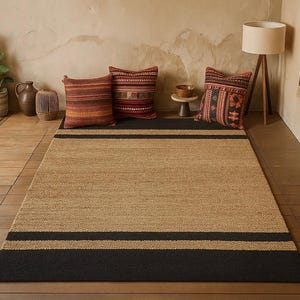 Natural Jute Rug With Black Borders, Reversible Handwoven Area Rug For Rustic Boho Home Decor,Eco Friendly Braided Floor Carpet,Handmade Rug