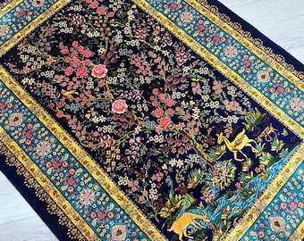 3x4 Turkish Silk Rug: Navy Gazelle Design, Nature-Inspired