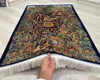 Animal Patterned Silk Rug 3x4: Navy Blue Floral Accent Rug