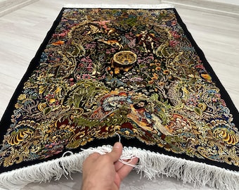 Hunting Design Silk Rug: Mythological Persian Art, 2.6x3.9 FT