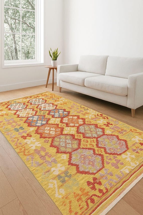 リバーシブルキリムラグ：鮮やかな幾何学模様のボヘミアンカーペット