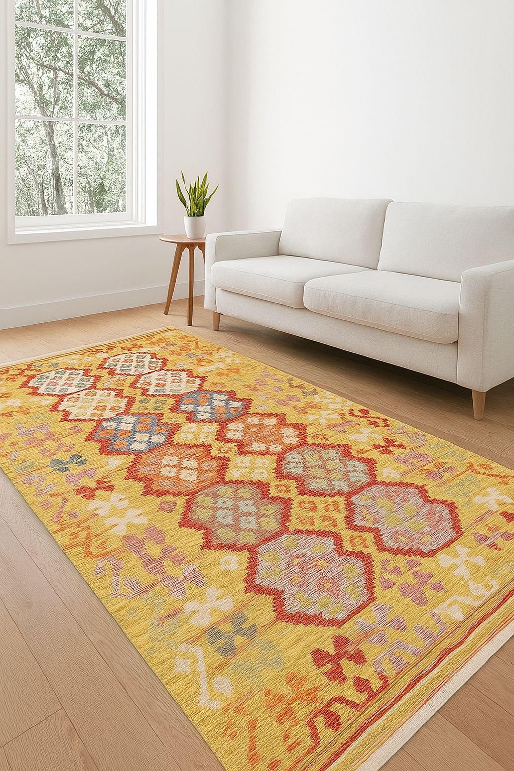 リバーシブルキリムラグ：鮮やかな幾何学模様のボヘミアンカーペット