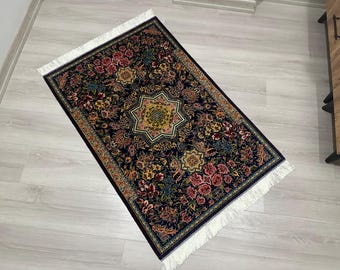 3x4 Oriental Silk Rug: Navy Star Motif, Turkish Made