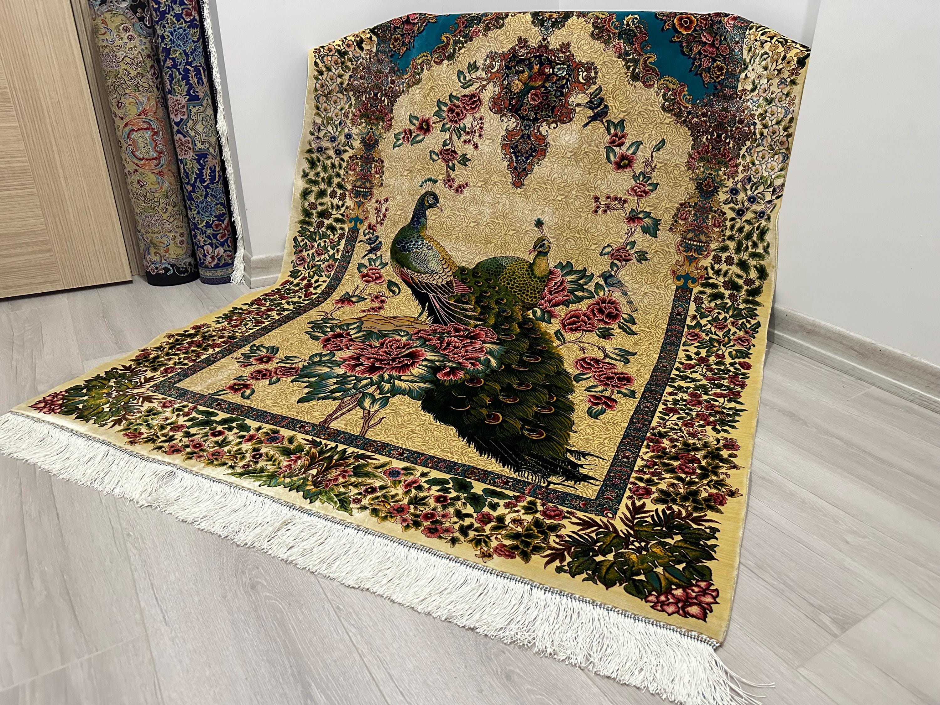Peacock Silk Rug 4x6: Golden Floral Medallion, Turkish Made
