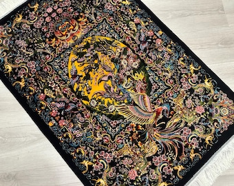 Phoenix Silk Rug: Black & Gold Accent Rug, Turkish Made (2.6x3.9 Ft