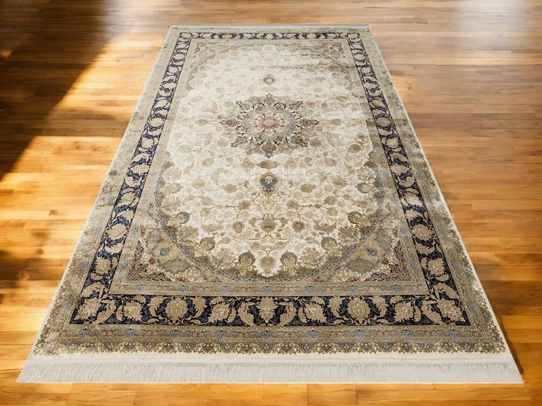 Cream Turkish Rug Traditional Cream Rug: Bamboo Silk, Turkish Design 8x11 Living Room Rug ...