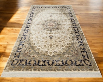 Traditional Cream Rug: Bamboo Silk, Turkish Design 8x11 Living Room Rug, 7x10