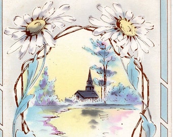 Happy Easter Vintage Postcard, Church, landscape, lake, Whitney Made