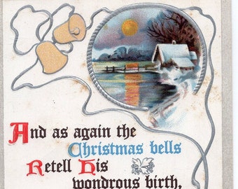 Christmas Embossed Vintage Postcard, embossed holly & berries, cabin