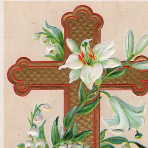 Easter Postcard  Cross  with Lilies Religious,  Vintage  postcard