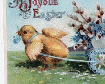 Easter Greetings antique postcard, Chick, Easter egg cart with flowers, embossed Vintage  Postcard