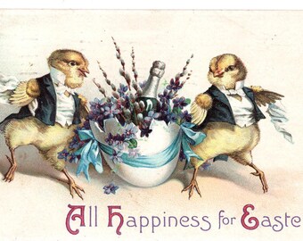 All Happiness for Easter, Vintage Easter Greeting Postcard, Antique Dressed Chicks , egg, champagne