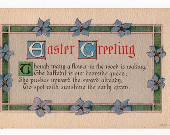 Easter Vintage Postcard, lovely verse, pretty blue flowers antique postcard