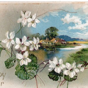 Easter vintage postcard, Happy Easter Antique Postcard flowers, lake, beautiful home, For Vintage Hunter