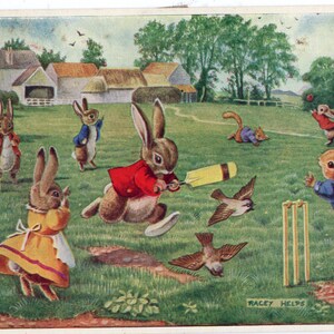 The Campers-Bunnies Build Fire & The Sale-Dressed Mice Rabbits Badger-Artist Signed Racey Helps-2 Vintage Unused Postcards