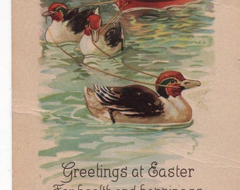 Easter vintage postcard, Easter Greetings,  ducklings vintage postcard, chicks, ducks, egg boat antique postcard, For Vintage Hunter